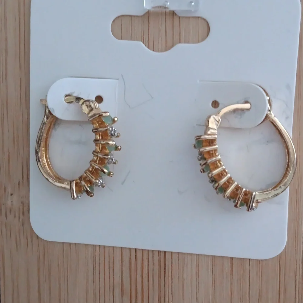 925 Silver Gold Plated Green Stone Marcasite Accent Hoop Earrings